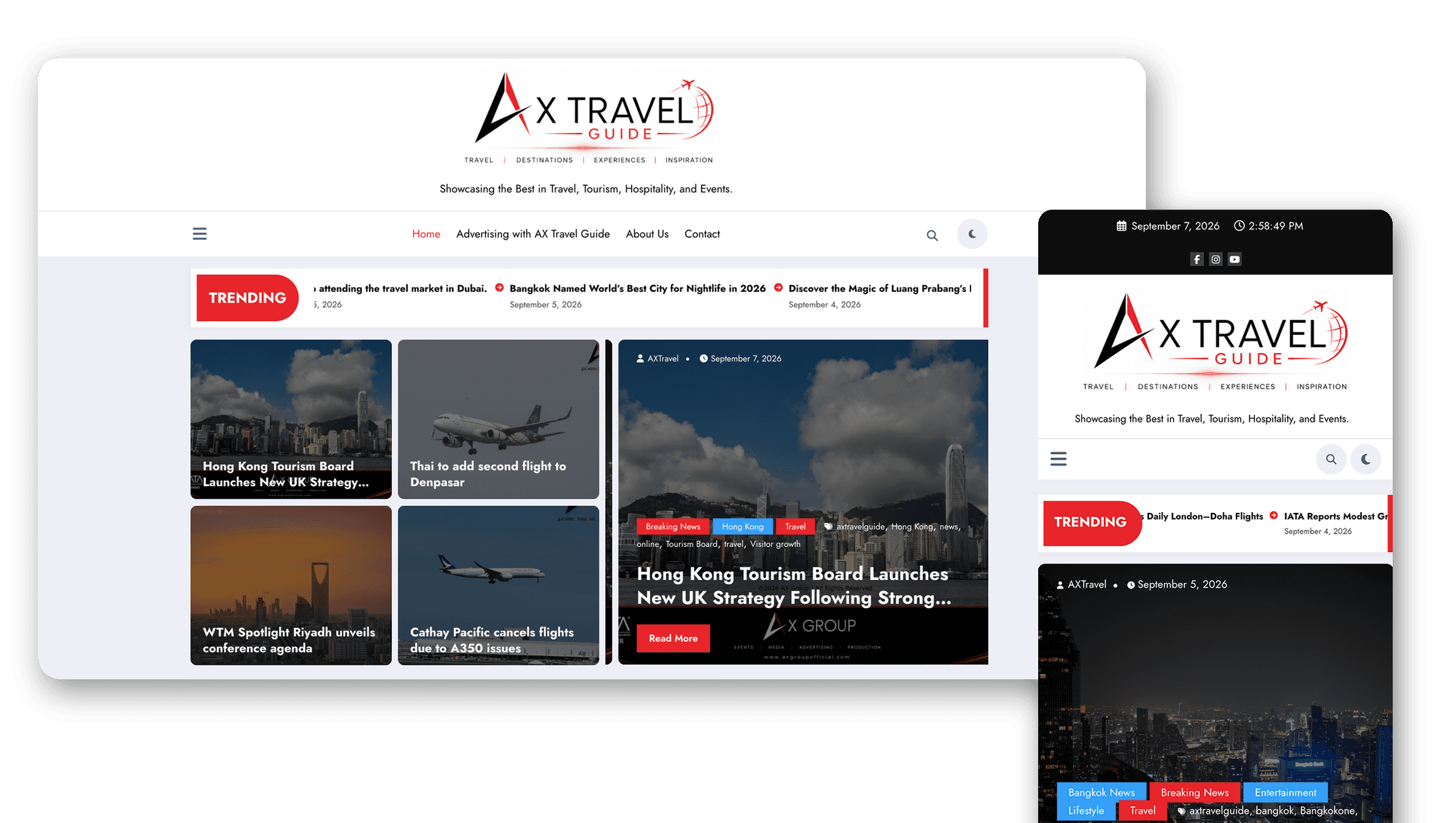 The AX Travel Guide website on a laptop and a phone