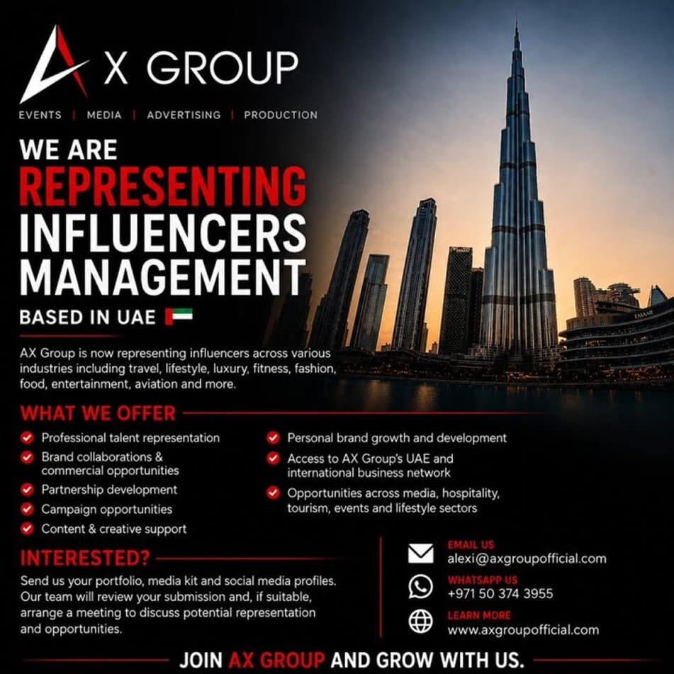 AX Group poster: we are representing influencers based in the UAE